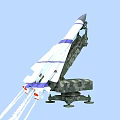Military Weapon Missile With Blue White Stripes Launched From Camouflage Launcher Emitting Flames