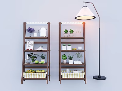Wooden Indoor Flower Rack With Potted Plants Decorations Fruit Basket And Photo Frame 3d model