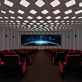 Modern Cinema Interior Featuring Red Seats Blue Staircase Ceiling Lights Gray Walls And Dark Carpet