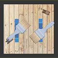 Blue Brushes Painting Colorful Stripes on Blue Cubes with Wooden Stools and Plank Floor