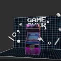 Retro Arcade Machine With Neon Lights And Grid Background In Game Room