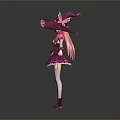 Pink Witch Character Wearing Frilly Dress With Large Hat And Magical Outfit