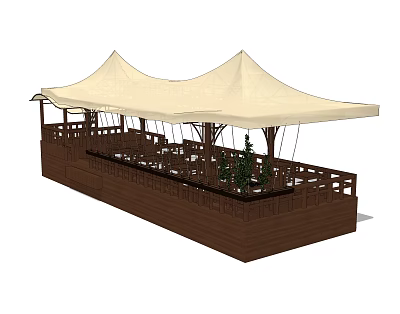 Outdoor Wooden Deck With White Canopy Railing And Green Plants 3d model