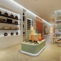 Modern Minimalist Boutique Interior With Green Display Stand Handbags Shoes Round Wall Decor And Staircase
