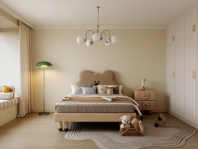 Cozy Bedroom Interior With Bear Ear Headboard Floor Lamp White Wardrobe And Stuffed Toys 3d model