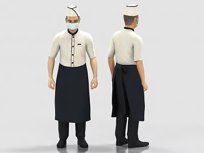 Man in White Short Sleeve Uniform with Hat Mask and Black Apron Standing 3d model