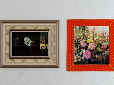 Colorful Plant Painting In Red Frame Hanging On White Wall With Vibrant Flowers 3d model