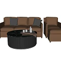 Brown Leather Sofa and Coffee Table Set with Gray Throw Pillows Black Round Table 3d model