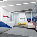 Modern INTERSPORT Reception Desk With Blue White Counter Yellow Chairs And Glass Coffee Table