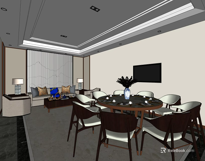 Modern Private Room Interior With Dining Table Sofa TV Chairs And Elegant Decor 3d model