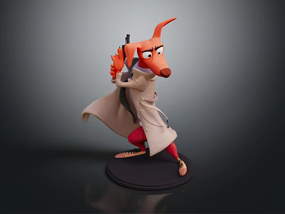 Orange Dog Like Character Wearing Trench Coat Holding Gun Red Pants Standing Pose on Base 3d model