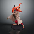 Orange Dog Like Character Wearing Trench Coat Holding Gun Red Pants Standing Pose on Base