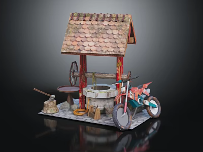 Mini Garden Ornament With Tile Roof House Well Red Motorcycle And Tools 3d model
