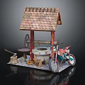 Mini Garden Ornament With Tile Roof House Well Red Motorcycle And Tools