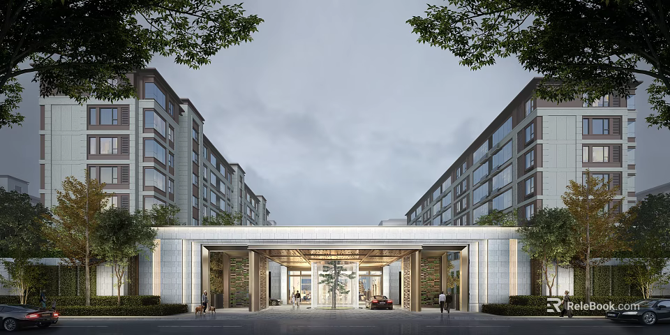 Modern Entrance Gate In Residential Area With Building Facades And Greenery 3d model 