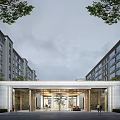 Modern Entrance Gate In Residential Area With Building Facades And Greenery