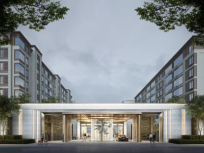 Modern Entrance Gate In Residential Area With Building Facades And Greenery 3d model