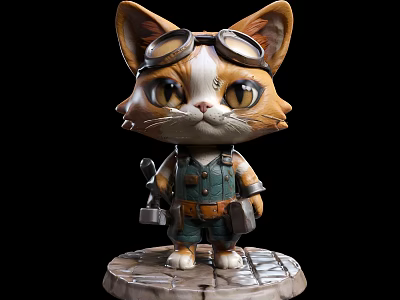 Cat Shaped Decorative Ornament Set With Goggles Overalls And Hammer On Stone Base 3d model