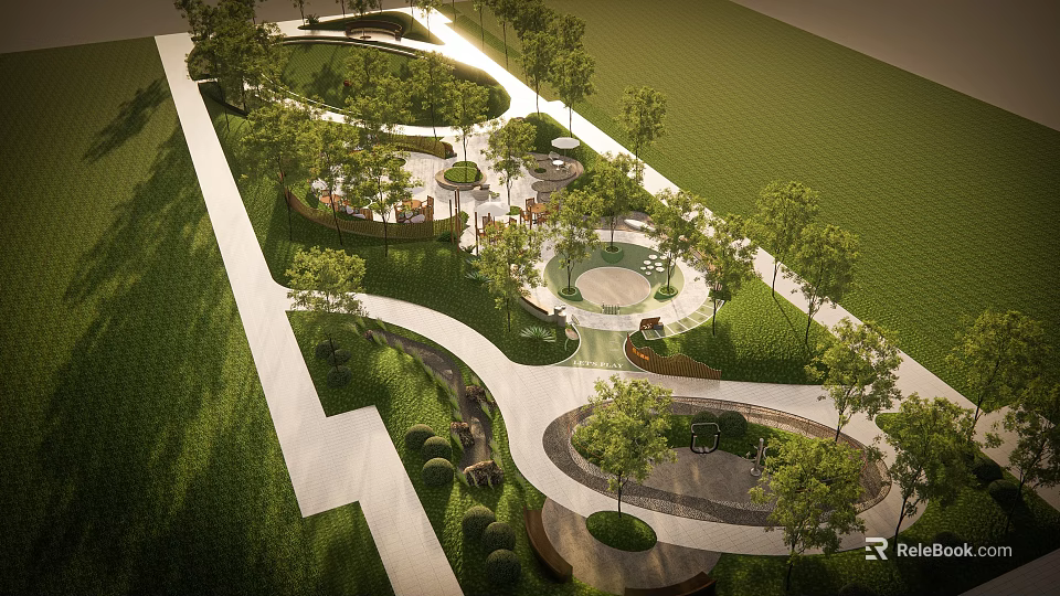 Scenic Park Landscape With Winding Walking Paths Green Lawns Trees And Circular Rest Areas 3d model 