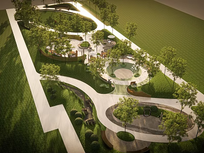 Scenic Park Landscape With Winding Walking Paths Green Lawns Trees And Circular Rest Areas 3d model