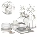 Stylish Decorative Ornament Set With Green Branches White Vase Stacked Books And Glass Jar