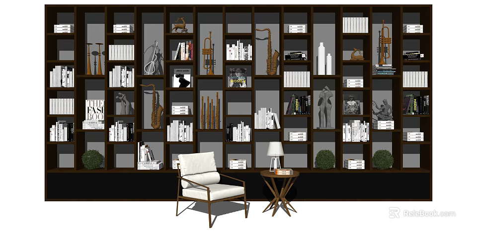 Stylish Bookshelf Display With Books Decorative Items Green Plants And Accent Chair 3d model 