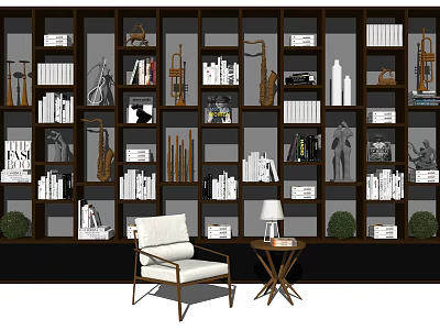 Stylish Bookshelf Display With Books Decorative Items Green Plants And Accent Chair 3d model