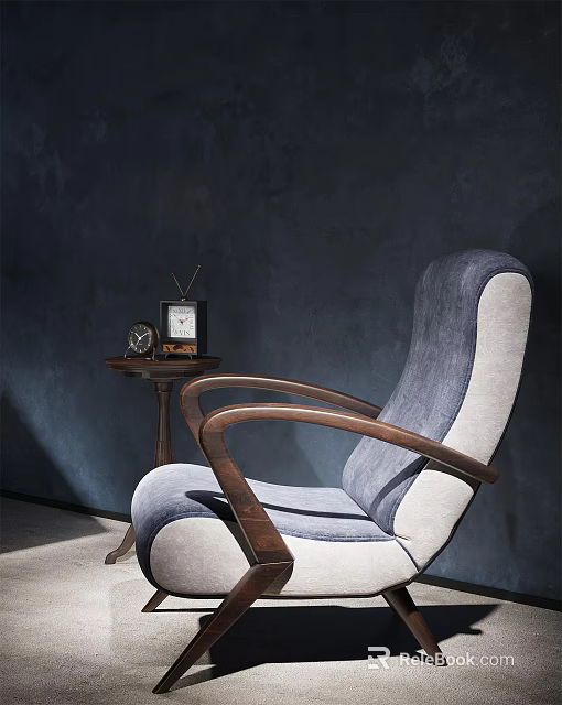 Gray and Beige Upholstered Accent Chair with Wooden Armrests and Side Table by Dark Wall 3d model 