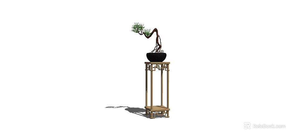 Wooden Flower Stand with Bonsai Pine Tree in Black Pot and Traditional Design 3d model 