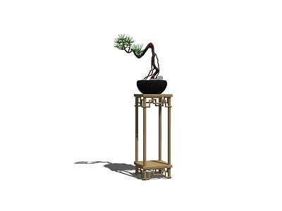 Wooden Flower Stand with Bonsai Pine Tree in Black Pot and Traditional Design 3d model