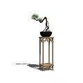 Wooden Flower Stand with Bonsai Pine Tree in Black Pot and Traditional Design