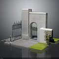 White Stone Archway Building Structure With Iron Gate Steps And Green Lawn