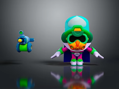 Game And Movie Character Cartoon Style With Green Hat Goggles Pink Green Outfit And Weapon 3d model