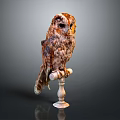Brown and White Owl Perched on White Pedestal Against Gray Background