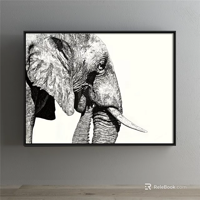 Black and White Elephant Sketch Animal Painting Framed Hanging on Wall Decorative Art 3d model 