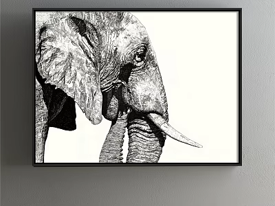 Black and White Elephant Sketch Animal Painting Framed Hanging on Wall Decorative Art 3d model