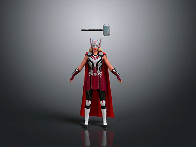 Female Thor Character In Purple Red Outfit With Red Cape Helmet And Floating Hammer 3d model
