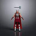Female Thor Character In Purple Red Outfit With Red Cape Helmet And Floating Hammer