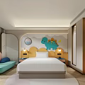 Cozy Hotel Guest Room With Cartoon Dinosaur Wall Decor Large Bed And Curved Sofa