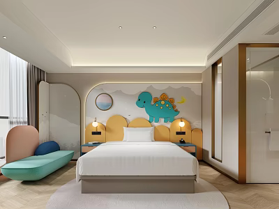 Cozy Hotel Guest Room With Cartoon Dinosaur Wall Decor Large Bed And Curved Sofa 3d model