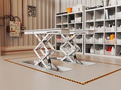 Industrial Scissor Lift Tables In Floor Recesses With Yellow Black Caution Tape And Metal Shelves 3d model