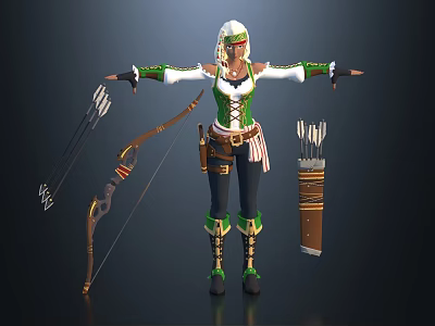 Game Movie Archer Character In Green White Outfit With Headscarf Bow And Quiver 3d model