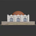 Cartoon Scene Of Traditional Dome Building With White Structure Copper Dome Arched Doors Windows And Stairs