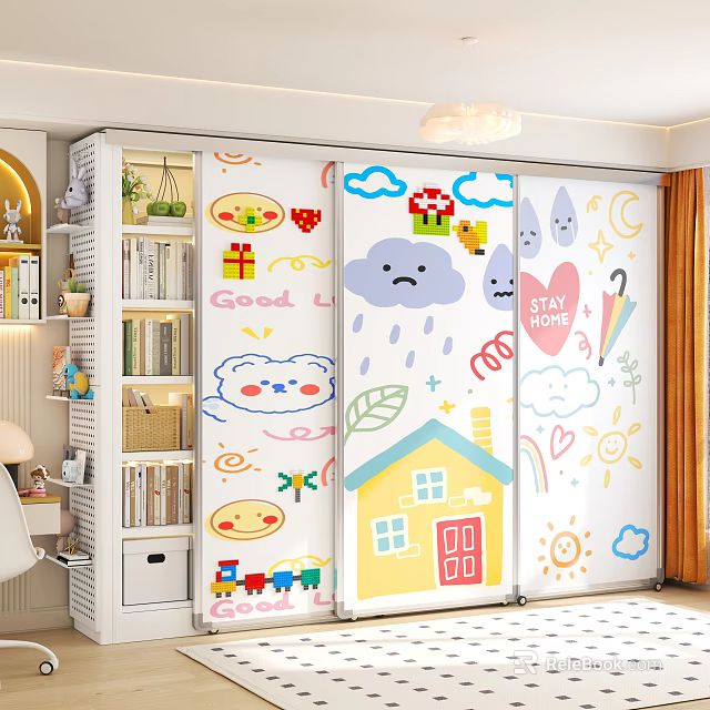 Kids Study Room With Cartoon Stickers Sliding Door Bookshelf And Decorative Furniture 3d model 