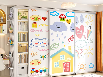 Kids Study Room With Cartoon Stickers Sliding Door Bookshelf And Decorative Furniture 3d model