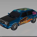 Blue Sedan Car With Flame Decals And Pokemon Graphics On Exterior