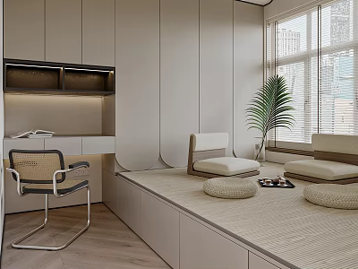 Minimalist Tea Room Interior With Window Seating Woven Cushions Potted Plant Natural Light And Wooden Elements 3d model