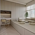 Minimalist Tea Room Interior With Window Seating Woven Cushions Potted Plant Natural Light And Wooden Elements