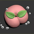 Cartoon Style Pink Peach With Green Leaves And White Stars On Black Background With Reflections
