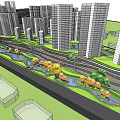 Urban Commercial Street Planning With High Rise Buildings Green Spaces And Water System